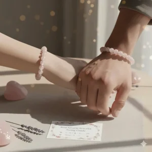 Demonstrating the proper fit and different size options for a genuine rose quartz bead bracelet on various wrist sizes.