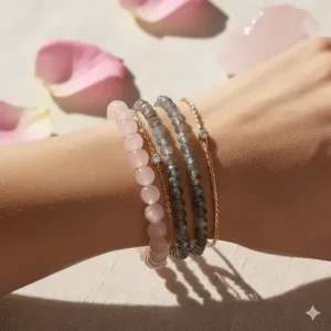 A stylish stack of coordinating bracelets, featuring a rose quartz bracelet layered with complementary gemstones and minimalist gold accents.