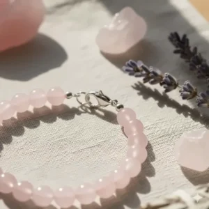 Detail shot of the secure, hypoallergenic sterling silver clasp used to fasten this beautifully crafted rose quartz bracelet.