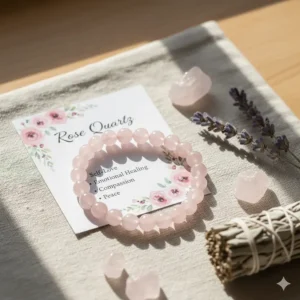 The rose quartz bracelet resting beside a small card detailing the stone's properties of self-love and emotional healing.