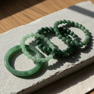 A selection of men's jade bracelets in various natural shades of green, from light apple to dark forest green.
