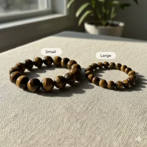 Comparison image showing the small and large tiger eye bead size options available for the women's bracelet.