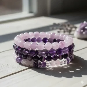A stylish stack of coordinating amethyst bracelets with different bead sizes and complimentary crystal stones.