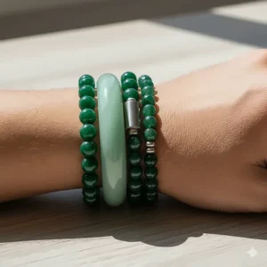Three different styles of stacked mens jade bracelets, including a beaded and a smooth bangle design.