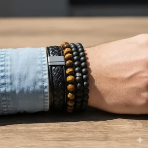 Layered look of a men's tiger eye bracelet stacked with a leather cuff and a black onyx beaded bracelet.
