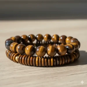 Stack of three complementary tiger eye bracelets with varying bead sizes and colors for a stylish layered effect.