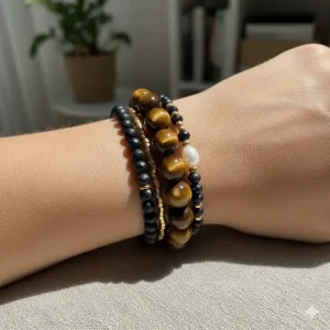 A stylish stack of the tiger eye bracelet for women paired with complementary beaded bracelets.