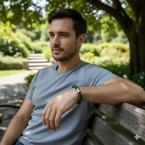 Stylish man wearing a beaded jade bracelet and a t-shirt while relaxing outdoors.