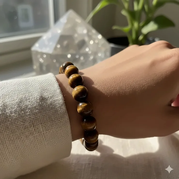 A stunning close-up of a genuine tiger eye bracelet for women, showcasing its golden-brown chatoyancy and smooth polished beads on a delicate wrist.