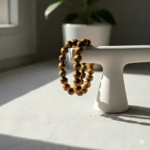 The tiger eye bracelet for women beautifully displayed on a modern, minimalist jewelry stand.
