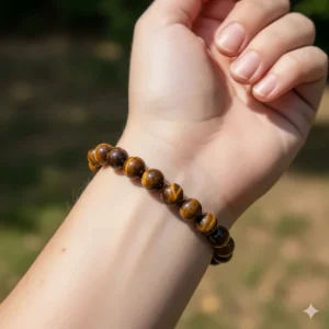 Close-up of a genuine tiger eye bracelet styled on a woman's wrist, showing the chatoyancy effect in natural light.