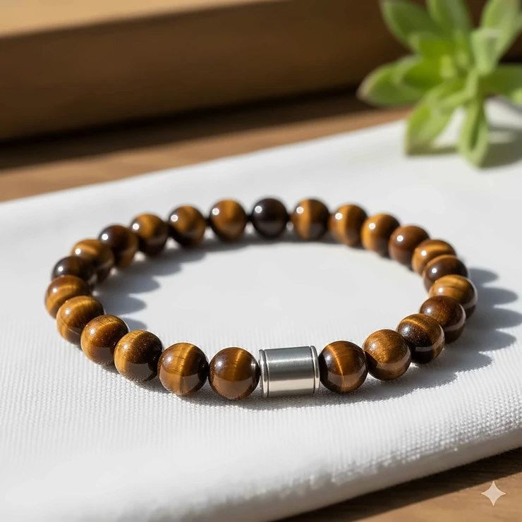Beautiful single-strand tiger eye bracelet with polished golden-brown gemstone beads on a white background.