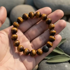 Hand holding a tiger eye bracelet, symbolizing courage, protection, and grounding metaphysical properties.