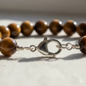 Close-up on the quality silver clasp or durable elastic cord of the tiger eye bracelet design.