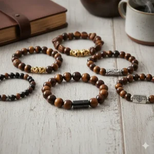 A collection of men's tiger eye bracelets showing different bead sizes and natural stone variations.