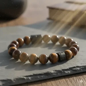 Dynamic image capturing the unique light-reflecting chatoyancy of the tiger eye gemstone.