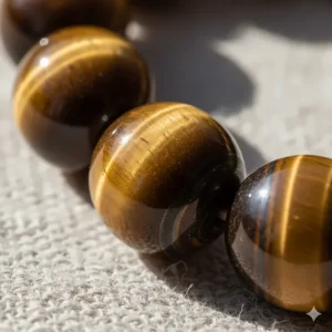 Detailed shot of the tiger eye gemstone beads, highlighting the fibrous structure and characteristic shimmer.
