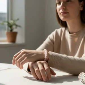 Woman wearing a comfortable, stretch rose quartz bracelet on her wrist, ideal for everyday style and crystal healing benefits.