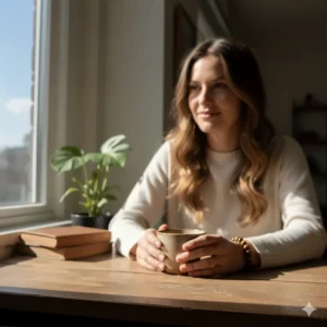 Elegant photo of a woman wearing a tiger eye bracelet, styled with a subtle outfit for a chic, everyday look.