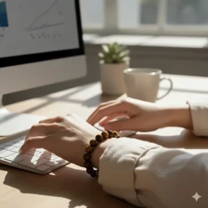 Lifestyle shot of a woman's hand on a keyboard, wearing the tiger eye bracelet, suggesting confidence and focus.