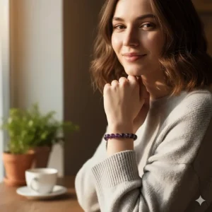 Model wearing a comfortable amethyst stretch bracelet with a casual outfit.