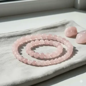 Collection of flexible women's rose quartz beaded bracelets showing various bead sizes from 6mm to 10mm.