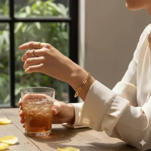 A woman wearing a polished 14k yellow gold paperclip chain bracelet styled with a silk blouse.