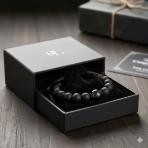 The men's agate bracelet nestled inside a branded velvet pouch and gift box, ready for presentation.