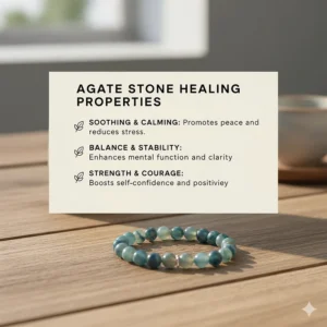 An informational graphic listing the soothing and balancing healing properties of the natural agate stone bracelet for women.