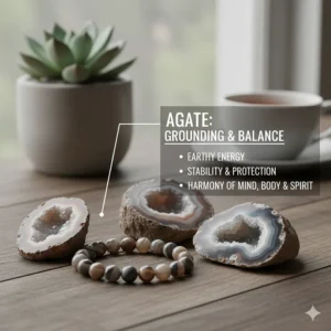 A visual representation of rough agate stones next to a finished beaded agate bracelet, explaining the stone's grounding and balancing properties.