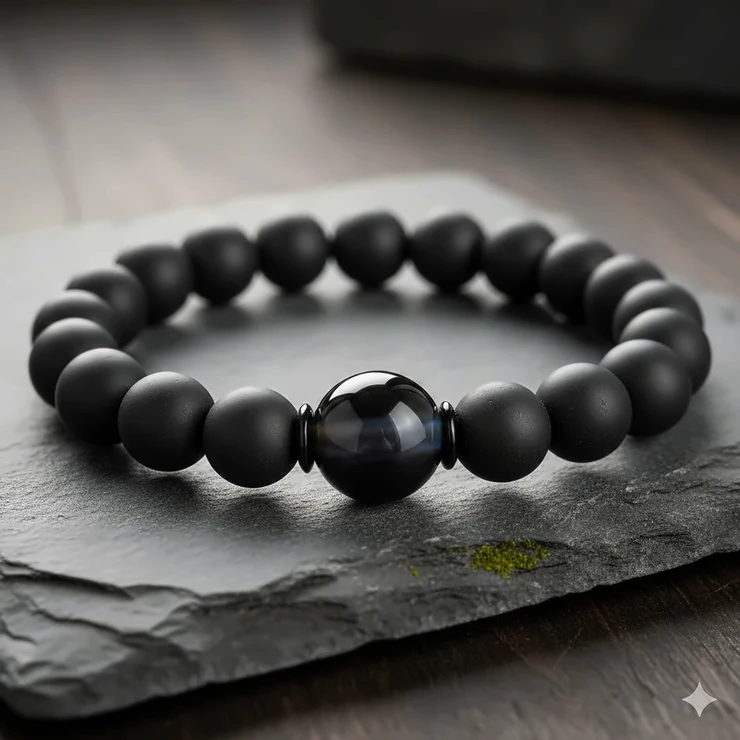 A close-up shot of a men's agate bracelet featuring 8mm black matte stone beads and a single polished accent bead, perfect for daily wear. agate bracelet for men