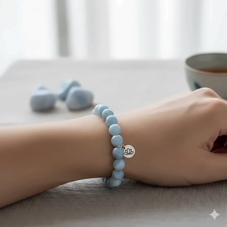 A close-up shot of a stunning pale blue lace agate bracelet worn on a wrist, highlighting its delicate banding and soothing light-blue color.