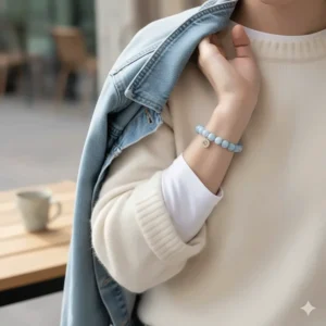 A stylish shot showing a blue lace agate bracelet paired with a casual outfit, demonstrating how the gentle blue complements different colors and styles.