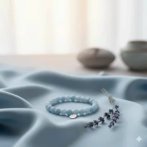 A conceptual image of the blue lace agate bracelet resting on a piece of lavender or a calm blue fabric, symbolizing its purported soothing and communication properties.