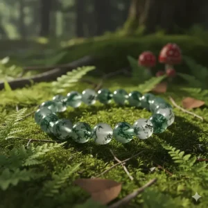 An artistic illustration of a moss agate bracelet resting on a forest floor surrounded by ferns and natural moss.