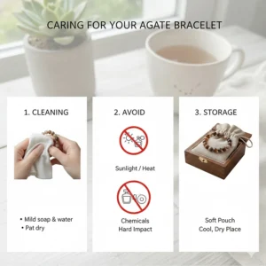 Simple infographic showing tips on how to properly clean and care for a stretch or clasp agate gemstone bracelet to maintain its luster.