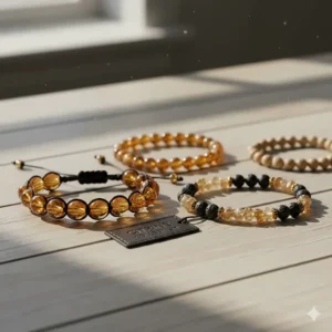Comparison of different bead sizes and styles for the citrine bead bracelet options for men.