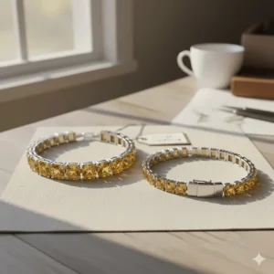 Comparison view of a citrine tennis bracelet in two different carat weights, highlighting the size difference of the gemstones.