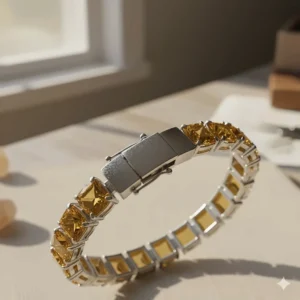 Detailed shot of the secure double-lock clasp on the citrine tennis bracelet.