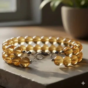 Detailed close-up of the bracelet's quality silver clasp mechanism and the faceted cut of the citrine gemstone.