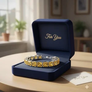 The citrine tennis bracelet presented in a luxurious velvet gift box, ready for presentation.