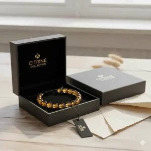 The elegant packaging and gift box that comes with the purchase of the citrine bracelet for men.