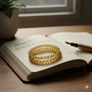 The citrine bracelet placed on an open journal next to a pen, relating to the stone's association with wealth, success, and manifestation.