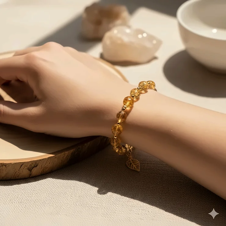 Fashion-forward citrine bracelet elegantly styled on a woman's wrist, showing the fit and brilliant yellow color.