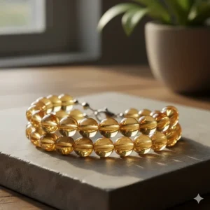 A close-up shot of a natural, polished citrine bracelet featuring round, translucent yellow beads, showcased on a neutral background.