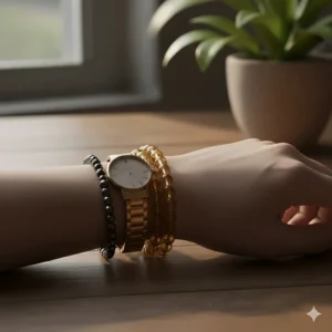 The elegant citrine bracelet stacked with a gold watch and a hematite bracelet, demonstrating jewelry pairing ideas.