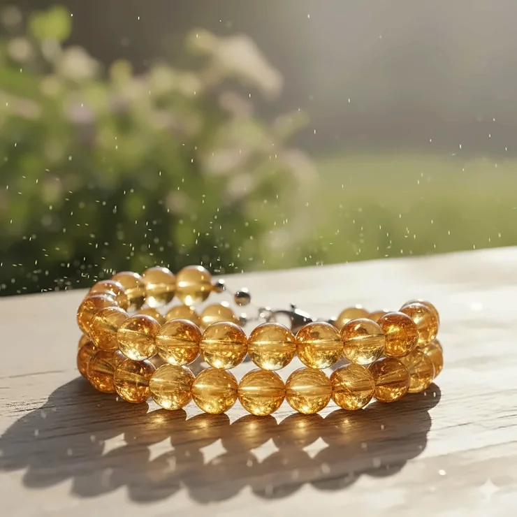 The golden-yellow citrine bracelet photographed in natural sunlight to showcase the stone’s bright, translucent clarity and color variation.