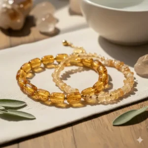 Collection of citrine bracelets displaying various bead shapes, including round, nugget, and chip stones, appealing to different tastes.