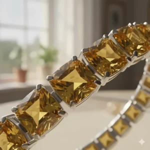 Macro shot of a single, brilliant-cut citrine gemstone from the tennis bracelet, emphasizing its clarity and fire.