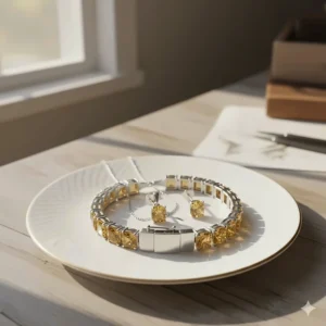 A set of jewelry including the citrine tennis bracelet paired with matching citrine stud earrings and a pendant necklace.